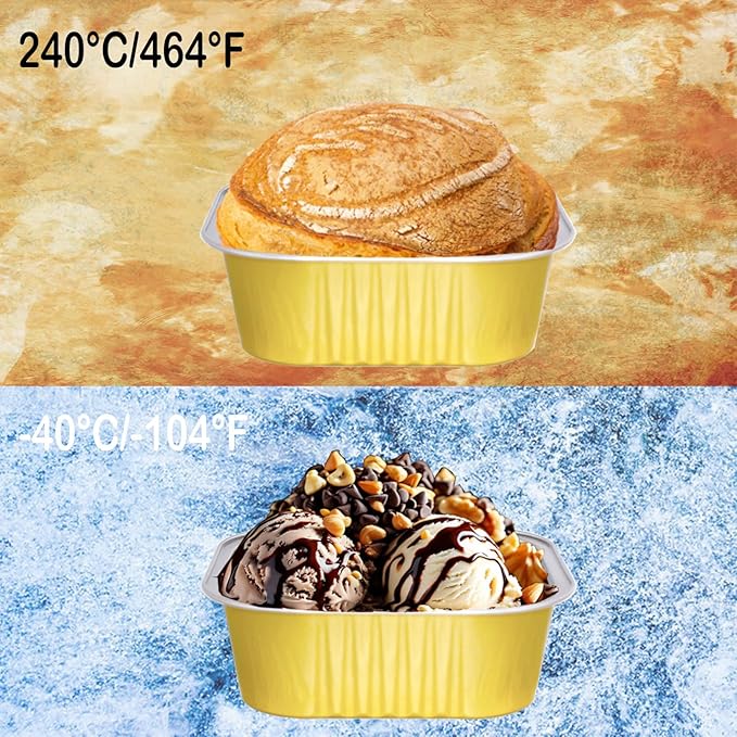10oz Mini Cake Pans With Lids 50 Pack Aluminum Foil Square Brownie Baking Cups,Disposable Loaf Pans With Lids and Spoons Stickers,Large Cupcake Pans Muffin Tins Cake Container (Gold)