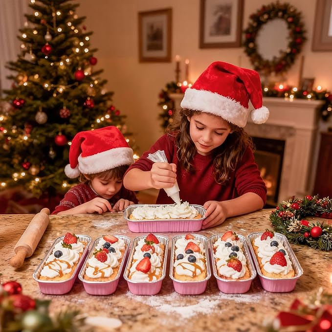 Mini Loaf Pans with Lids and Spoons Rectangular Aluminum Foil Baking Pans Mini Cheesecake Containers 6.8oz(60 Pack, Pink)