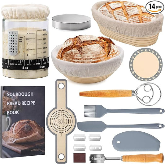Sourdough Starter Kit, Sourdough Bread Baking Supplies, 40oz Sourdough Starter Jar, 9" Round & 10"Oval Rattan Banneton Bread Proofing Baskets Set, Bread baking tools,Silicone bread Sling