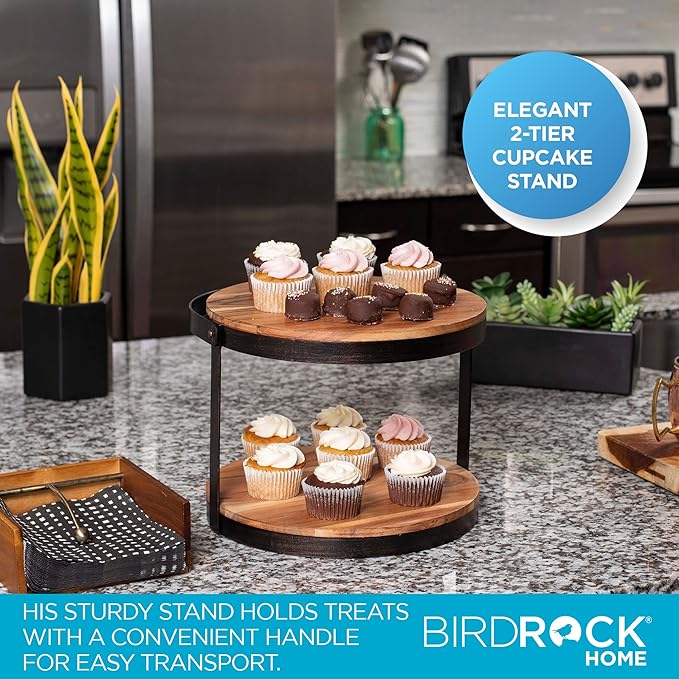 BIRDROCK HOME 2-Tier Cupcake and Cake Stand with Handle - Rustic Wood & Iron Dessert Serving Tray - Farmhouse Style Table Display for Cookies, Appetizers, and Treats - Round, Modern, Decorative