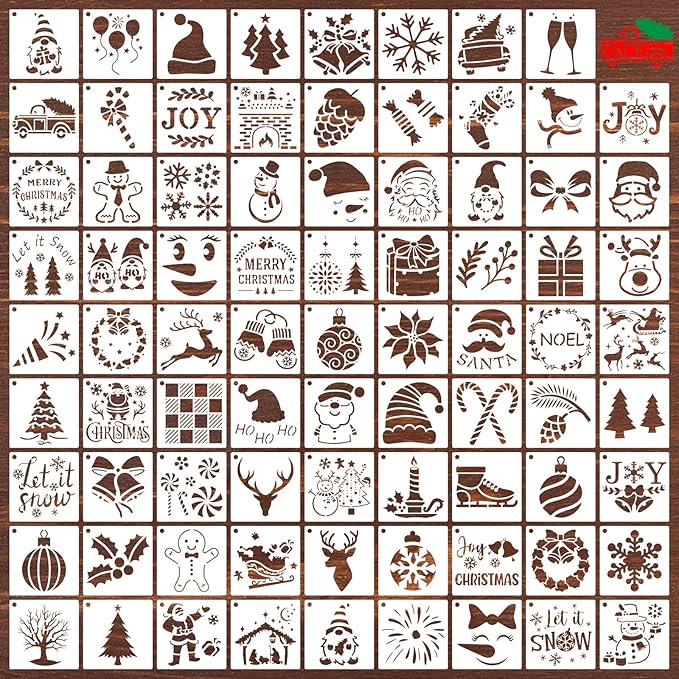 80 Pcs 3 x 3 Inch Christmas Stencils for Painting on Wood, Reusable Merry Christmas Ornament Snowflakes Holiday Stencils DIY Craft Template Set for Wall Rock Home Decor
