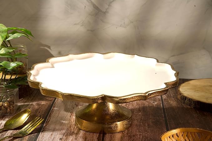 Cruiser’s Caché 16" Sculpted Metal Cake Stand, White Enamel and Rustic Gold Finish, Handcrafted