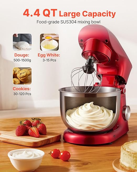 VEVOR Stand Mixer, 4.4 QT Electric Kitchen Mixer, 300W Dough-Mixer, 10 + Pulse Speeds Tilt-head Food-Mixer with Stainless Steel Bowl, Dough Hook, Whisk, Beater, for Baking, Mixing, Whipping & Kneading