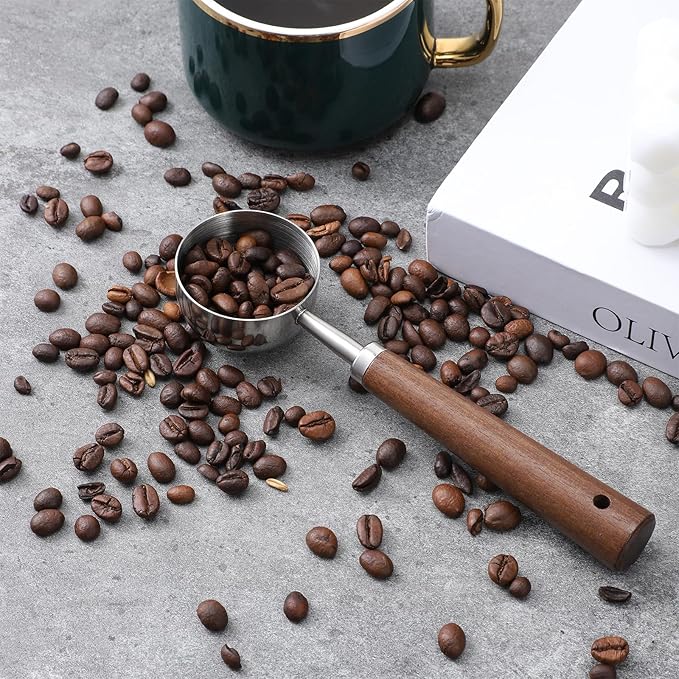 Vintage Coffee Measuring Spoon with Long Wooden Handle 10g / 30ml Capacity Metal Tablespoon Stainless Steel Coffee Scoop Kitchen Utensil Spoon for Coffees Tea Bath Salts