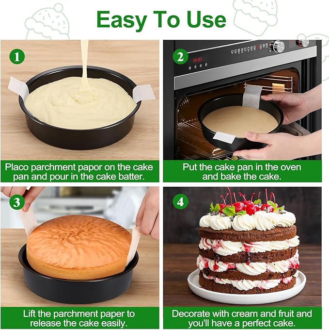 8 Inch Cake Pan, Premium Round Cake Pans Set of 3, Durable Circle Cake Pan with 100 Pieces Parchment Paper, Non-Toxic & Healthy Deep Cake Baking Pans Tins for Birthday Christmas, Dishwasher Safe