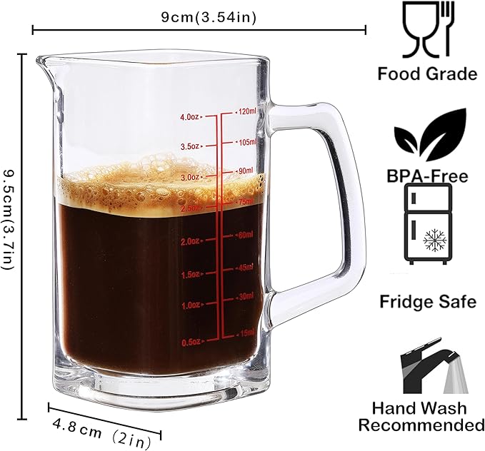 Small Glass Measuring Cup, Espresso Shot Glass with Handle and V-Shaped Spout, Mini Measuring Cup with Thick Bottom for Baking Cocktail and Coffee, 4 oz