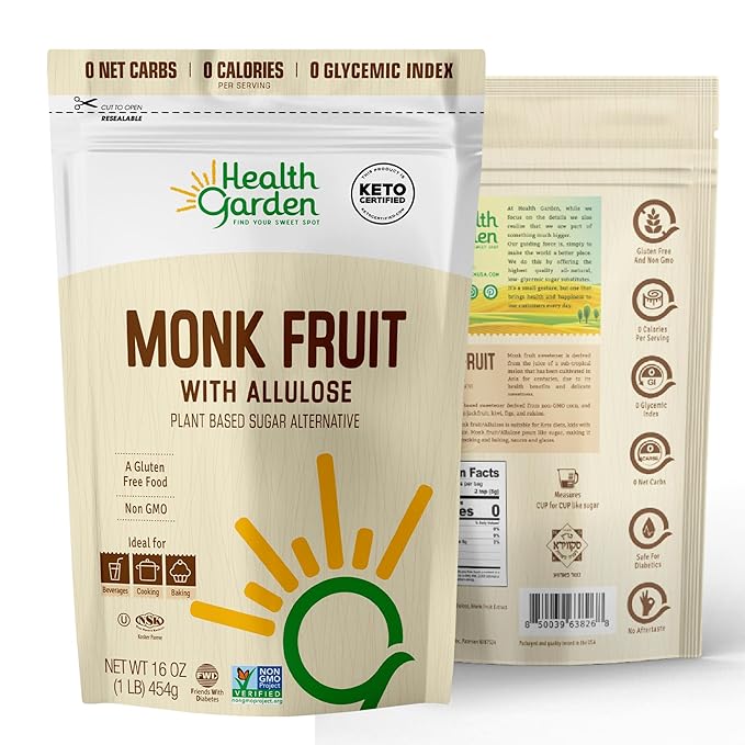 Health Garden Monk Fruit with Allulose Sweetener - Natural Plant-Based Sugar Alternative with Zero Calories - Ideal for Keto Diets, Gluten-Free, Vegan, and Non-GMO - 2.5lb