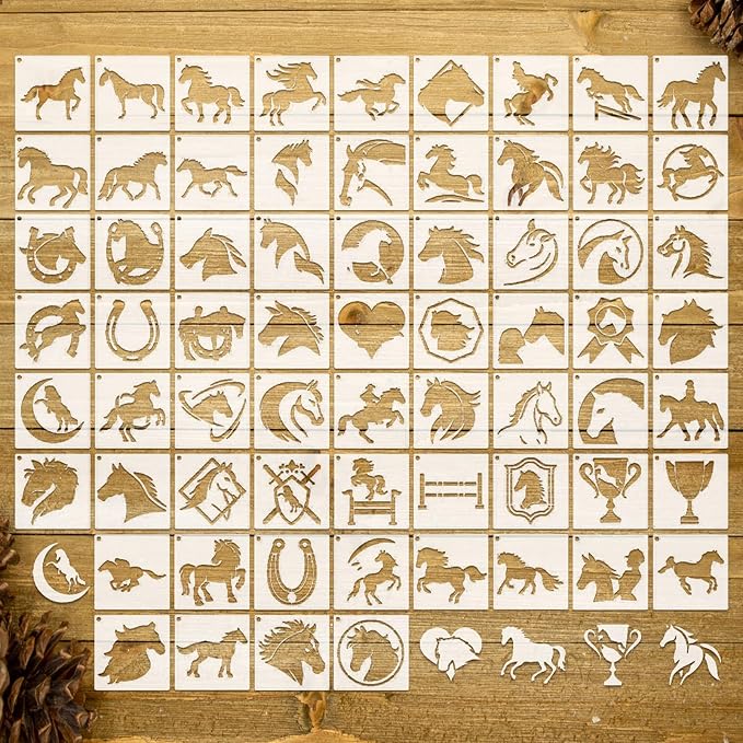 Marspark 66 Pcs Small Stencils for Crafts Reusable 3 Inch Stencils for Painting on Wood DIY Craft Paint Template for Wall Home Decor Card Rock Canvas Drawing Holiday Ornament (Horse)