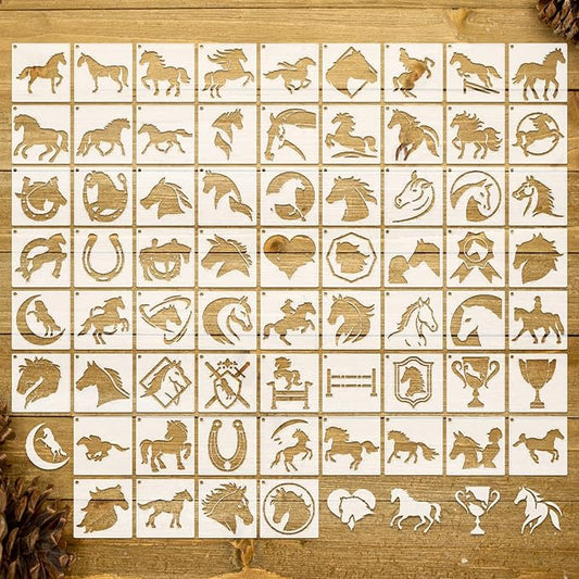 Marspark 66 Pcs Small Stencils for Crafts Reusable 3 Inch Stencils for Painting on Wood DIY Craft Paint Template for Wall Home Decor Card Rock Canvas Drawing Holiday Ornament (Horse)