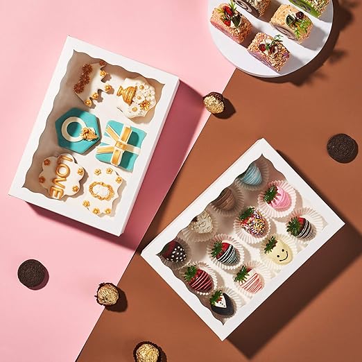 25PCS Elegant White Fancy Bakery Boxes with Display Window (10 x 7 x 2.5 inches) - Professional White Cookie and Strawberry Boxes