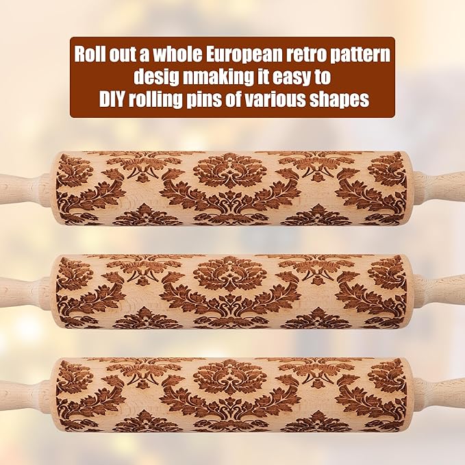 17" Premium Wooden Rolling Pins for Baking with European Embossed Designs | 3mm Deep Springerle Cookie Molds | Christmas Rolling Pin & Baking Gifts for Women | Includes 3-in-1 Cleaning Brush