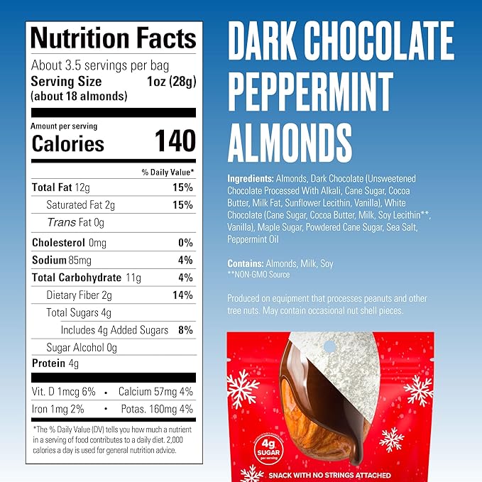 SkinnyDipped Dark Chocolate Peppermint Almonds, Healthy Snack, Plant Protein, Gluten Free, 3.5 oz Resealable Bags, Pack of 5