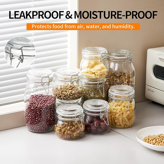8 Pack 9.5oz Food Storage Jars with Airtight Lids, Preserving Seal Wire Clip Fastening Glass Containers, Canisters for Kitchen Organization, Flour, Cereal, Pasta, Sugar, Beans, Pickling Jars(9.5 Oz*8)