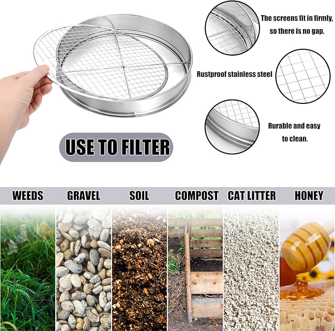 Bonuci 10 Pcs 12 Inch Soil Sieve Stainless Steel Sieve Set Garden Soil Sifter Potting Mix Sifter with 8 Interchangeable Filter Mesh 2, 3, 5, 6, 7, 9, 10, 12 mm and Shovel for Garden Compost(Silver)