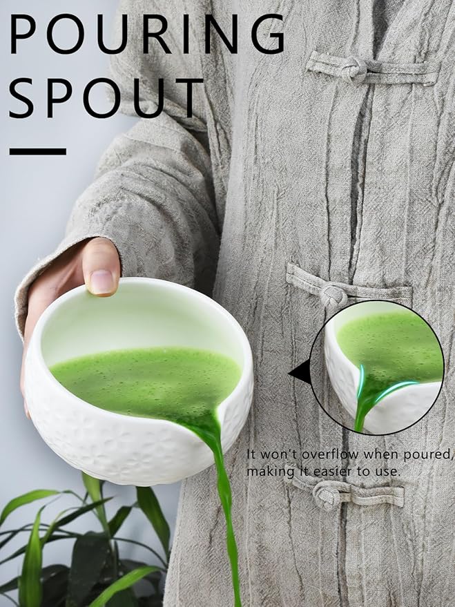 Artcome Matcha Tea Set – Green Sakura Embossed Ceramic Bowl 17oz with Bamboo Whisk, Whisk Holder, Strainer, Scoop, Tea Spoon, Cloth – Traditional Japanese Matcha Kit for Daily Use & Gift Giving