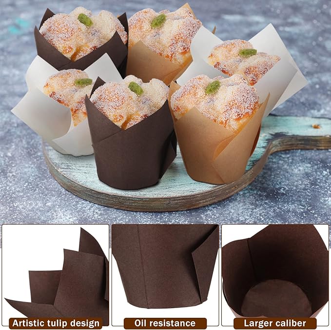 Yaomiao 600 Pcs Tulip Cupcake Liners Greaseproof Paper Tulip Muffin Liners Baking Cups Cupcake Wrappers Holders for Weddings Birthdays Anniversaries Banquets Party Christmas(Brown, Natural, White)