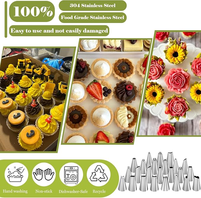 FANTEXY Piping Bags and Tips Set，29 Pieces Cake Decorating Supplies Kits with 24 Icing Tips, 1 Couplers, 1 Reusable Pastry Bag and 3 Scrapers, Piping Bag Tips for Cookie, Cupcake Decorating Kit