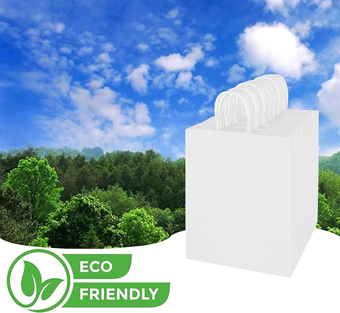 Premium 10x5x13 Paper Bags with Handles - Pack of 200, White Paper Bags Ideal for Shopping, Wedding, Business, Retail, Craft, Gifts & More - Durable, 100% Recyclable White Quality Bags
