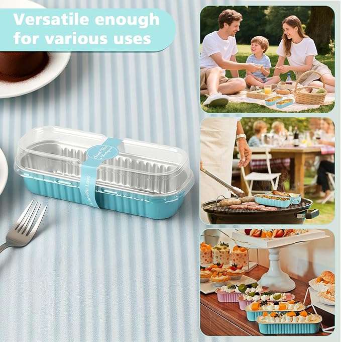 Ruckae 100 Pack Mini Loaf Pans with Lids and Spoons Disposable Aluminum Tin Foil Pans Rectangle Mini Loaf Cake Pan for Baking,Party,Picnics,Gifts Light Blue