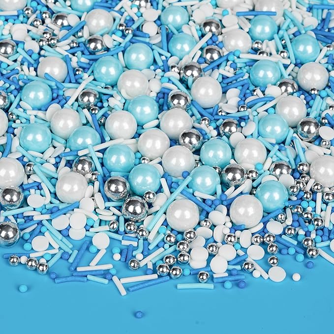 Christmas Edible Blue Silver White Sprinkles,Winter Jimmies Pearls Mix,130g/4.58oz,Perfect for Cake Decorations,Cake and Cupcake Sprinkles with Assorted Shapes and Sizes for Parties Baking, Ice Cream, Cookies, Cupcake Topper