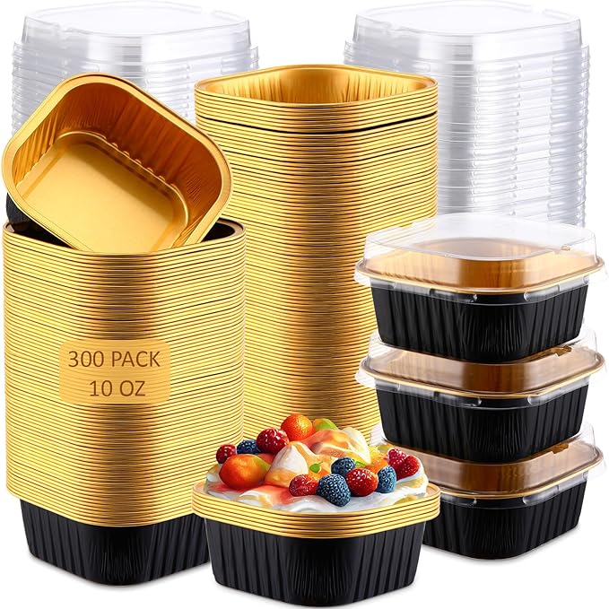 Aoriher 300 Pieces 10 oz Mini Cake Pans with Lids, Aluminum Foil Baking Cups, Square Disposable Cupcake Cups Baking Tins for Wedding Birthday Party Supplies(Black, Gold)