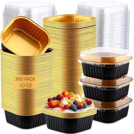 Aoriher 300 Pieces 10 oz Mini Cake Pans with Lids, Aluminum Foil Baking Cups, Square Disposable Cupcake Cups Baking Tins for Wedding Birthday Party Supplies(Black, Gold)