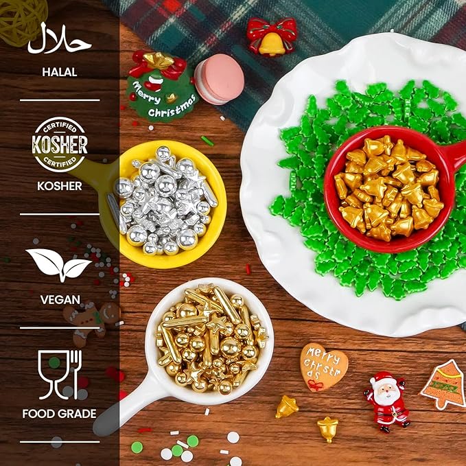 Christmas Bells Sprinkles for Cake Decorating, Gold Bells Sugar Sprinkles Edible, 150g/5.29oz, Perfect for Cake Decoration, Cupcake, cookies Decorations, Baking, foodgrade