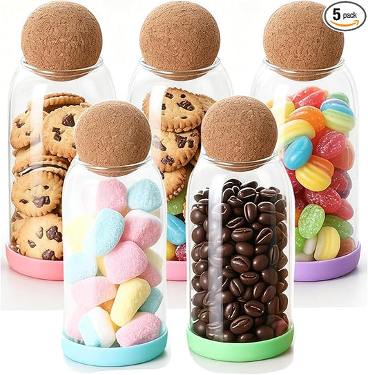 5 pcs 27oz/800ML Glass Storage Container with Ball Cork Glass Jars with Cork Lids Glass Food Storage Containers with Ball Stopper Coffee Canister for Beans,Oats,Spices,Candies,Nuts,Biscuits