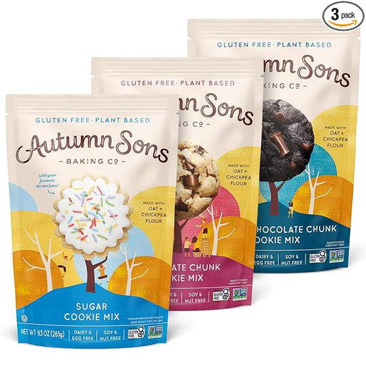 Autumn Sons Baking Co. Gluten Free Cookie Mix Variety Pack. Sugar Cookie, Chocolate Chunk & Double Chocolate Chunk. Vegan Plant Based Baking Mix. Top 9 Allergen Free. 9.3 oz (Pack of 3)