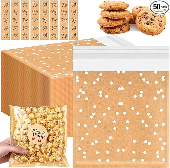 Self Adhesive Cookie Bags Cellophane Polka Dot Treat Bags Small Plastic with Thank You Stickers for Party Gift Giving Bakery Biscuit Candy Pastry(7.1 x 7.5 Inch,Small Dot,50 Pcs)