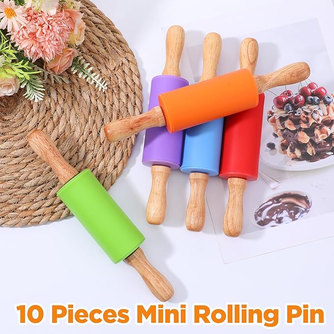 10 Pcs 9 Inch Mini Rolling Pin for Kids, Silicone Wooden Non-Stick Cooking Pins Baking, 5 Colors for Kitchen Dough Cookie Pastry Fondant Cake