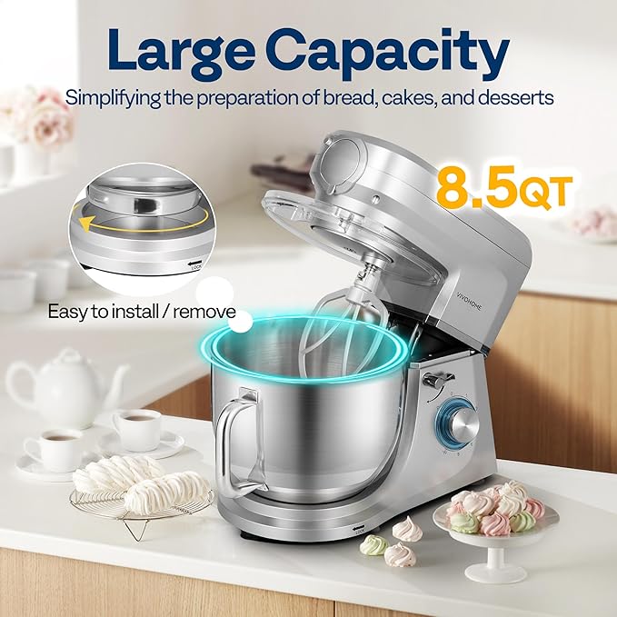 VIVOHOME 6 in 1 Multifunctional Stand Mixer with 8.5 Quart Stainless Steel Bowl, 660W 10 Speed Tilt-Head Meat Grinder, Juice Blender, Vegetable Slicer, Pasta and Cookie Maker, Silver