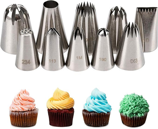 Cake Decorating Icing Piping Tip Set, 10 X-large Decorating Tips Stainless Steel Plus 20 Disposable Pastry Bags