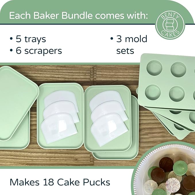 Benty Cakes – The Original CakePuck Baker Bundle – Better than a Cake Pop! Make Chocolate Covered Dessert – BPA Free Silicone – Includes 3 Mold Sets + 5 Trays + 6 Scrapers – Green