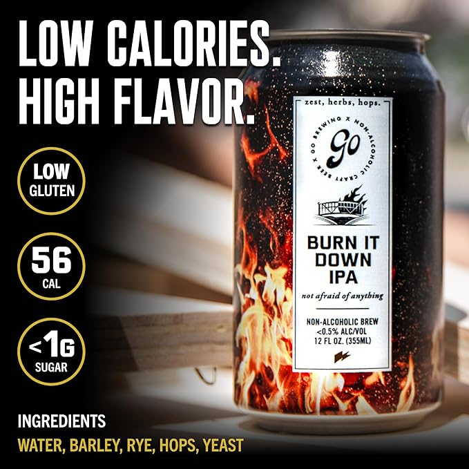 Go Brewing - Burn It Down IPA - Non-Alcoholic Craft Beer - Small Batch, Low-Calorie Brew - Tropical, Citrus, and Hoppy Flavor Profile - Bold, Smooth Finish - Ideal for Any Occasion (12 Oz, 12 Cans)