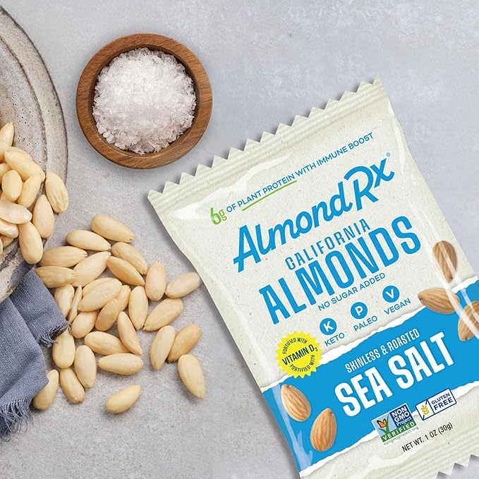 AlmondRx | Heart Healthy Skinless Lightly Salted California Almond Snack Packs | Fortified with Vitamin D | Plant Protein | Keto | Vegan | No Sugar Added (12 Pack, Sea Salt)