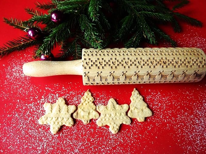SCANDINAVIAN CHRISTMAS Embossing Rolling Pin Embossing Rolling Pin With Christmas Tree Deer Heart Gingerbread Cookies