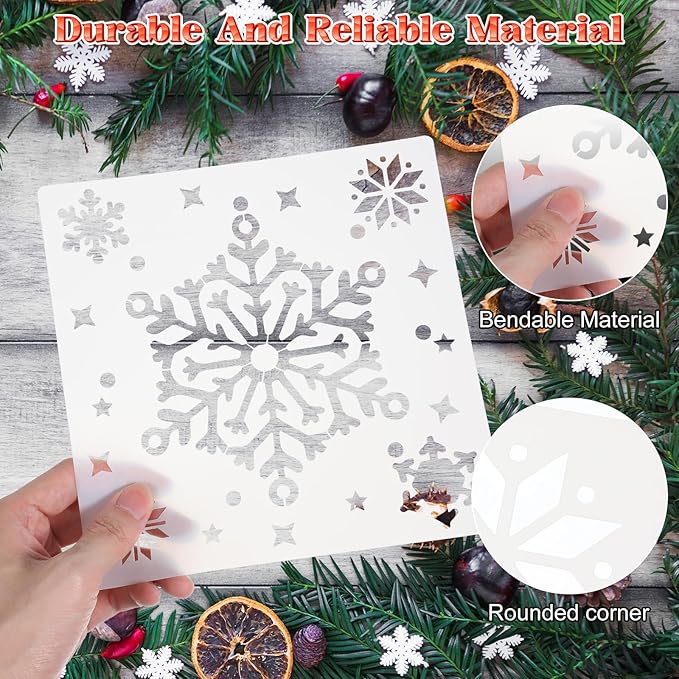 6 Pack Christmas Snowflake Stencils for Crafts, 8 Inch Reusable Snowflake Drawing Painting on Wood, Winter Holiday Snow Flake Stencils Template for Christmas Xmas Window Wall Home Decor