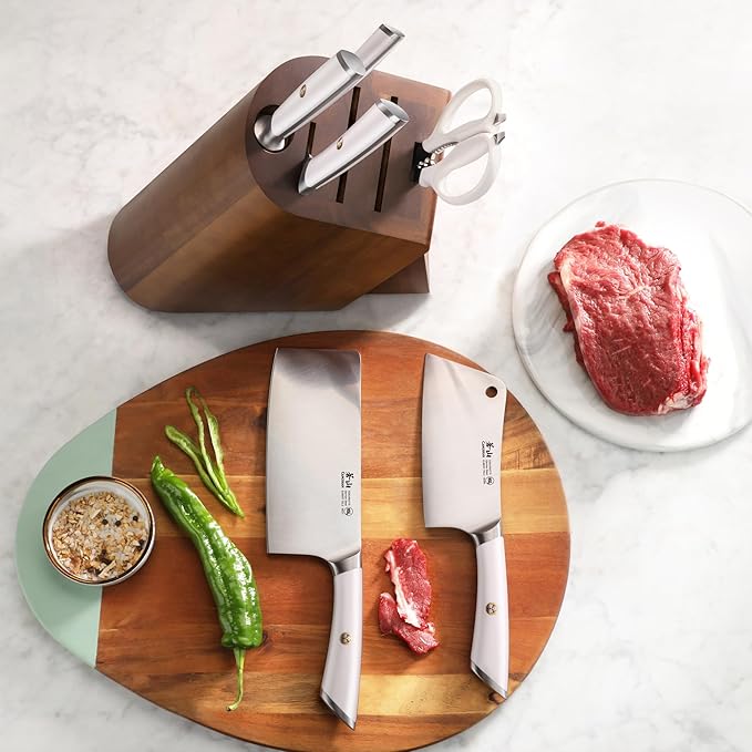 Cangshan ELBERT Series German Steel Forged Cleaver Knife Block Sets, Acacia (7-Piece, White)