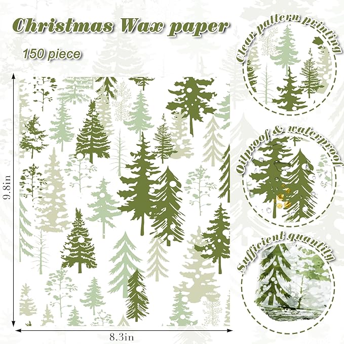 150Pcs Christmas Tree Deli Paper, 9.8 x 8.3'' Forest Grease Proof Food Deli Sheets, Resistant Sandwich Wrap Liners Greaseproof Food Wax Paper for Xmas Winter Party Supplies (Lime Green)