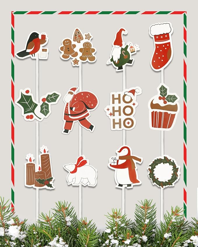 48 PCS Christmas Cupcake Toppers, Christmas Cake Decorations, Cupcake Picks, Cupcake Decorations for Xmas Party, Baby Shower, Holiday, Birthday Party