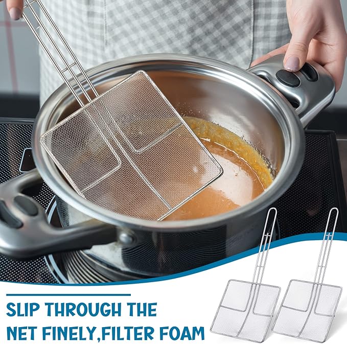 Mumufy 2 Pcs Square Fine Mesh Skimmer Spider Strainer Oil Skimmer for Deep Fryer Frying Scoop Stainless Steel Spider Strainer with Long Handle for Kitchen Swimming Pools Fried Food (6.7 x 6.7 Inch)