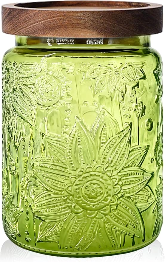 Glass Jar with Airtight Wood Lid – 24 OZ Kitchen Pantry Bathroom Storage Canister, Decorative Vintage Container for Candy, Salt, Coffee, Cookie, Cereal, Nuts, Oats, Flour, Sugar, Tea, Green Sunflower