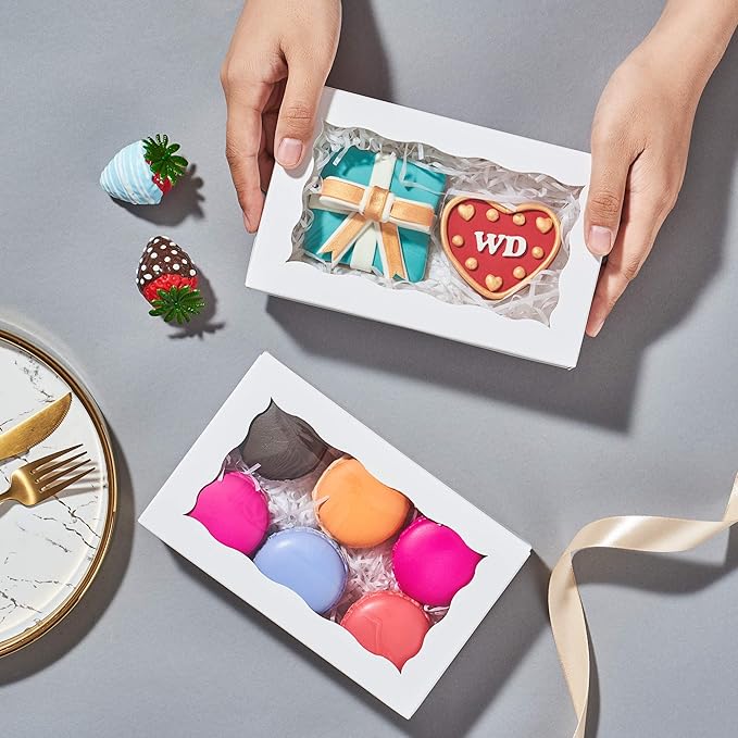 RomanticBaking 100 Pack Auto-Popup 7 x 4 3/8 x 1 1/2 Cookies boxes for 2 Macaron Boxes White Chocolate Covered Ore Boxes Pastry Boxes Cakesickle Boxes Bakery Boxes with Window