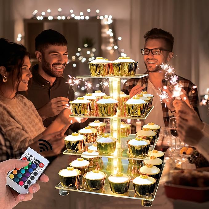 Cupcake Stand Acrylic 4 Tier Tower Display Cupcake Cake Stand with Remote LED Light,Multiple Color Changing Modes,Transparency Serving Tray for Any Parties Events(Standard Size)