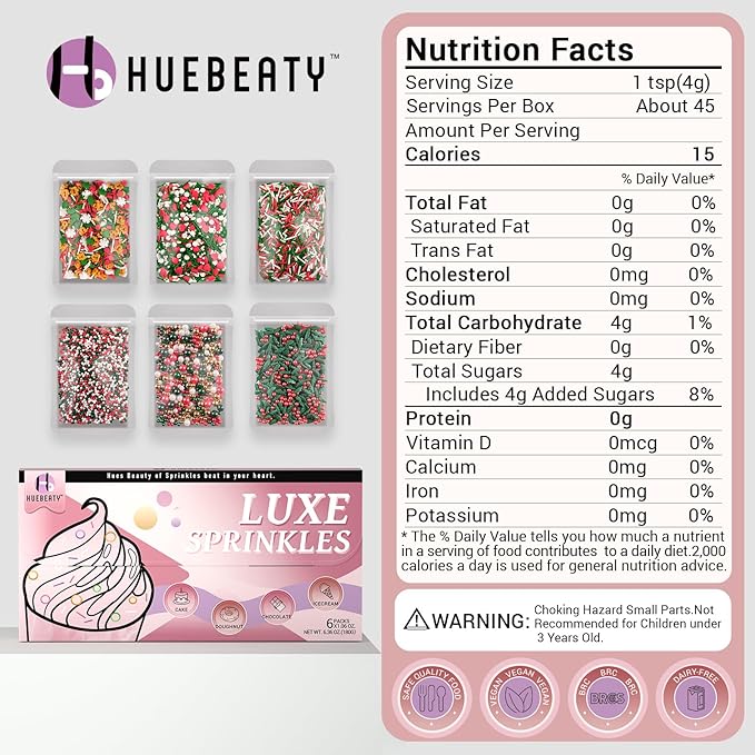 HUEBEATY 6-in-1 Christmas Gingerbread Sprinkles for Cookies Baking - 180g Red and Green Nonpareils, Jimmies, Red Heart, Holly Confetti, Holiday Santa Sprinkles Bulk for Cakes, Cupcakes, Hot Chocolate Decorating