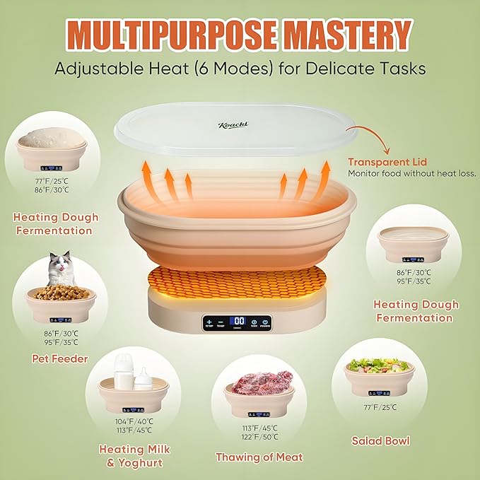 Upgraded Silicone Sourdough Starter Warmer Bowl, Sourdough Starter Kit with Precise 6 level Thermostat Control (77-122°F), Auto Warming On/Off, 6-Hour Timer Sourdough Bread Baking Supplies
