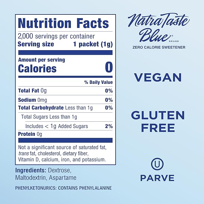 NatraTaste Blue Zero Calorie Aspartame Sweetener Packets, 2000 Ct., Gluten Free, Vegan, Sugar Substitute for Hot and Cold Drinks, Coffee, Iced Tea, Baking and More