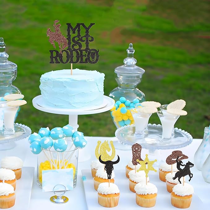 25Pcs Glitter Cowboy Cake Toppers Western Theme Cupcake Picks with Horseshoes, Hats & Boots for Baby Shower & Boys Birthday Party Decorations