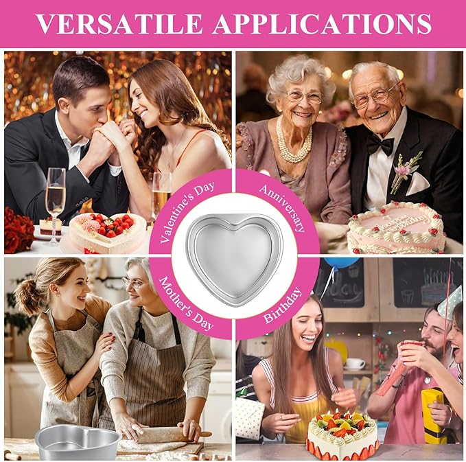 2Pcs Heart Shape Cake Pans, Aluminum Heart Cake Mold, Reusable 10 inch Cake Pan for Baking DIY for Wedding Birthday Family Occasions
